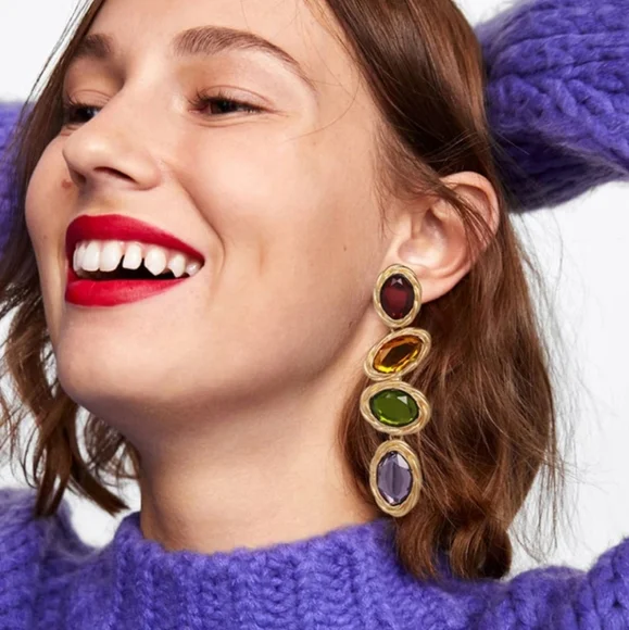 Vintage Style Colorful Crystal Indian Boho Gemstone Drop Statment Gold Earrings - Picture 4 of 4